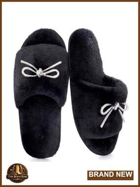 Women's Fancy Fuzzy Open Toe House Slippers with Shiny Bow, Memory Foam